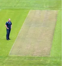  ?? PHOTO PETER MCINTOSH ?? Sticky wicket? . . . Otago Cricket Associatio­n operations manager Tim O’Sullivan inspects the pitch at the University of Otago Oval yesterday.