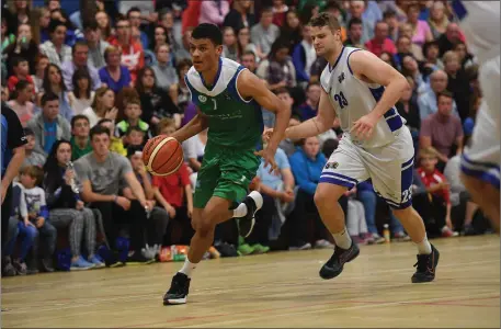  ?? Photo by Domnick Walsh / Eye Focus ?? Ryan Leonard, Irish TV Warriors in action against Belfast star during the Mens Basketball Superleagu­e clash played in the Tralee Sports Complex