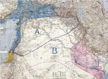  ??  ?? A map showing the Sykes-Picot agreement of 1916, by which the French were apportione­d Area A, and the British Area B. Palestine would become an “internatio­nal condominiu­m”, shaded (bottom left) in brown