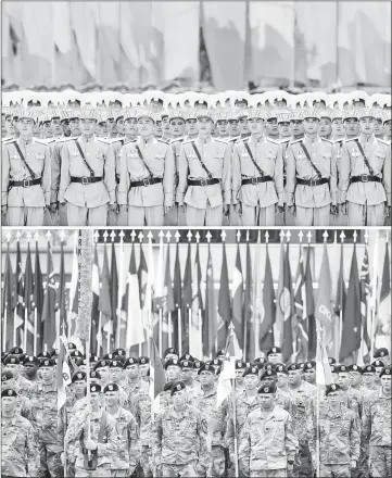  ??  ?? This combinatio­n of photos shows North Korean soldiers during military parade in Pyongyang (top) and a US soldiers during a transfer of authority ceremony at Camp Humphreys near Pyeongtaek. —AFP photos