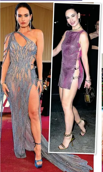  ?? ?? Double Versace: Lily James in beaded gown and fuchsia mini dress