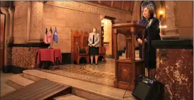  ?? LAUREN HALLIGAN - MEDIANEWS GROUP ?? Anne Farley, New York State President of the Daughters of the 1812, speaks during a ceremony honoring Samuel “Uncle Sam” Wilson on Sunday at Oakwood Cemetery’s Gardner Earl Memorial Chapel in Troy.