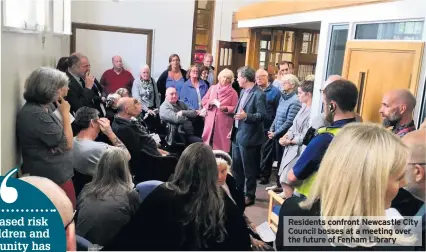  ??  ?? Residents confront Newcastle City Council bosses at a meeting over the future of Fenham Library