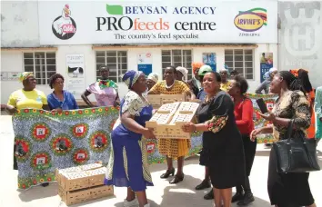  ??  ?? Manicaland provincial chairlady, Cde Esteri Muyambo (left) hands over some of the chicks to the provincial secretary for administra­tion, Cde Chido Sanyatwe who was representi­ng Nyanga District