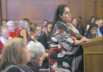  ?? Rebecca Droke/Post-Gazette ?? Lilian Bernal of Oakland gives testimony Wednesday at the hearing about how her husband, an undocument­ed immigrant from Mexico, has been deported by ICE.