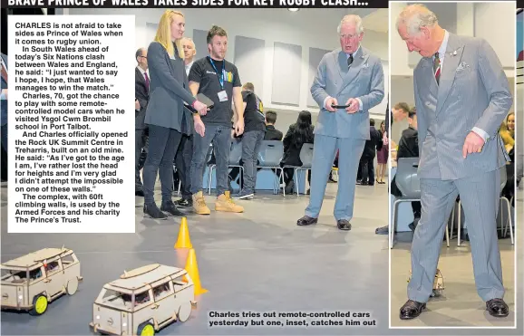  ?? Pictures: AFP, PA, GC IMAGES ?? Charles tries out remote-controlled cars yesterday but one, inset, catches him out