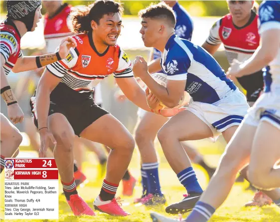  ?? Pictures: ALIX SWEENEY ?? FIRED UP: Kirwan’s Jeremiah Nanai squares up to tackle Ignatius Park’s Braithen Knox. BELOW: Dudley Dotoi on the burst; and Ignatius Park lock Luke Jack.