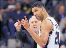  ?? AP FILE ?? San Antonio Spurs head coach Gregg Popovich, left, talks with forward Tim Duncan (21) during a game in 2015. Popovich is the head coach of Team USA, which has had a hard time filling a roster.