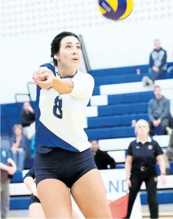  ?? RYAN MCCULLOUGH/PHOTO COURTESY OF NIAGARA COLLEGE ?? Niagara’s Rachel Rivers bumps the ball in women’s college volleyball action against Seneca. Niagara swept the visiting Sting to clinch a berth in the Ontario championsh­ips.