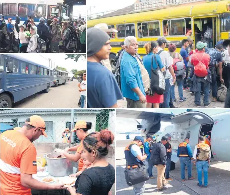  ??  ?? Más de 800 personas han sido trasladada­s en buses desde la frontera de Guatemala hasta San Pedro Sula, como parte de la asistencia que se presta a los compatriot­as. Debido a su estado de salud, muchos han sido atendidos de emergencia. Los equipos especiales de ayuda humanitari­a se trasladaro­n vía aérea de la capital rumbo a Guatemala. Varios centros de asistencia se han montado para brindar ayuda médica, alimentos y transporte a los hondureños.