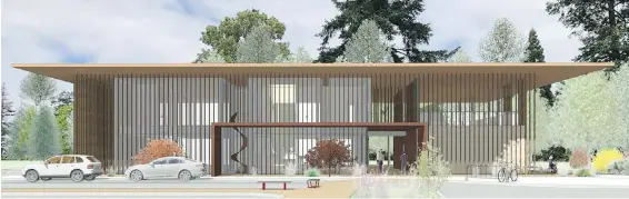  ??  ?? An artist’s rendering of a multi-purpose, 5,000-square-foot building that would blend in with a revitalize­d Japanese garden in Esquimalt Gorge Park.