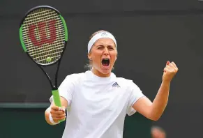 ?? Reuters ?? Latvia’s Jelena Ostapenko celebrates after winning her Wimbledon quarter-final match against Slovakia’s Dominika Cibulkova yesterday.