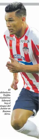  ??  ?? El delantero Teófilo Gutiérrez liderará hoy el ataque del Junior en Buenos Aires.