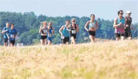  ?? FOTO: PETER SCHLIPF ?? Bei Sonne und tropischer Hitze kämpften sich mehr als 1000 Läufer bei den Essinger Panoramläu­fen bis ins Ziel.