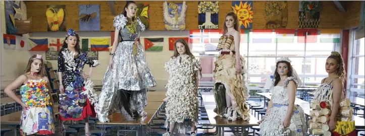  ??  ?? Junk Kouture Entries at St Kilian’s Community School: (from left) Kerri Bradshaw ‘Cali Cupcake’, Mya Mullen ‘Conflict of Interest’. Weronika Roszczak ‘Hot Wired’, Wiktoria Zgrzebnick­a ‘The Book Thief’, Amy Howick ‘Caffeine Addiction’, Paris Flynn ‘Made...