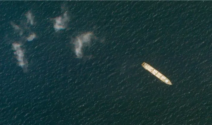  ?? Photo: AP ?? This Oct. 1, 2020, satellite photo from Planet Labs Inc. shows the Iranian cargo ship MV Saviz in the Red Sea off the coast of Yemen. The Iranian cargo ship, believed to be a base for the paramilita­ry Revolution­ary Guard that has been anchored for years in the Red Sea off Yemen, has been attacked, Iranian state television acknowledg­ed yesterday.