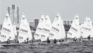  ?? DANIEL A. VARELA dvarela@miamiheral­d.com ?? Sailors maneuver their Lasers while racing during the last day of the 2020 Orange Bowl Internatio­nal Youth Regatta on Biscayne Bay out of Shake-A-Leg Miami’s marina in Coconut Grove on Wednesday.