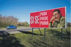  ??  ?? A billboard of Cuba’s departing president Raul Castro on the outskirts of Havana. His recently announced successor, Miguel Diaz-Canel, was born the year after the 1959 revolution AP