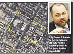  ??  ?? 30th St. 34th St. SixthAve. City Council Speaker Corey Johnson (above) ripped Cuomo proposal for Penn Station area (left).