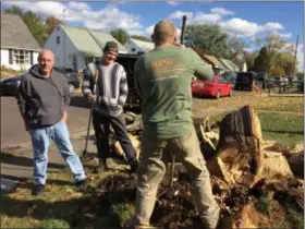  ?? EVAN BRANDT — DIGITAL FIRST MEDIA ?? Barry Davis, left, called in a crew from SPS Remodeling to come out and cut up the maple tree that came down in West Beech Street his front yard during Friday night’s storm.