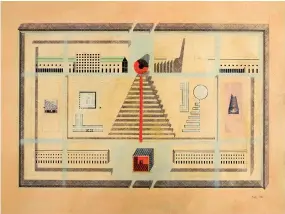  ??  ?? LE PROJET D’ORIGINE
du cimetière de San Cataldo. On y voit le cube rouge sous la pyramide, jamais construite, qui devait s’achever par une immense cheminée.