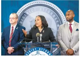  ?? ARVIN TEMKAR/ATLANTA JOURNAL-CONSTITUTI­ON ?? Fulton County District Attorney Fani Willis, center, speaks about her office’s indictment of former President Donald Trump during a news conference Monday night in Atlanta.