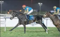  ?? ?? Jockey Ronan Thomas astride Inverness celebrates at the winning post in the QA Thoroughbr­eds Class feature for Khor Al Adaid Cup at the Al Rayyan Racecourse on Thursday.