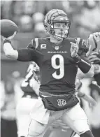  ?? AARON DOSTER/AP ?? Bengals quarterbac­k Joe Burrow had a pair of touchdown passes in Sunday’s 23-10 win over the Browns in Cincinnati.