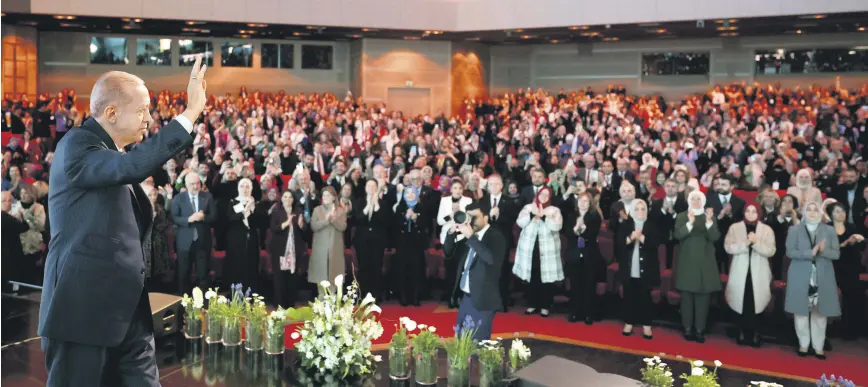  ?? ?? President Recep Tayyip Erdoğan greets the audience at a Women’s Day event, Istanbul, Türkiye, March 8, 2024.