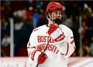  ?? DAVID BERDING/GETTY IMAGES ?? As a 17-year-old freshman, Macklin Celebrini scored 32 goals and assisted on 32 others in 38 games for national semifinali­st BU.