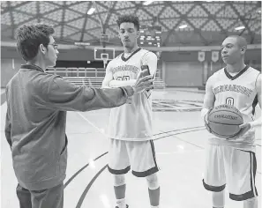  ?? SCOTT GREEN/NETFLIX ?? Peter (Tyler Alvarez, left) interviews suspected “Turd Burglar” Demarcus (Melvin Gregg) and teammate Lou (DeRon Horton) about the poop crimes at their school.