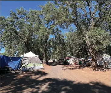  ?? MICHAEL WEBER — ENTERPRISE-RECORD ?? Tents occupy space underneath oak trees at Comanche Creek Greenway in Chico.