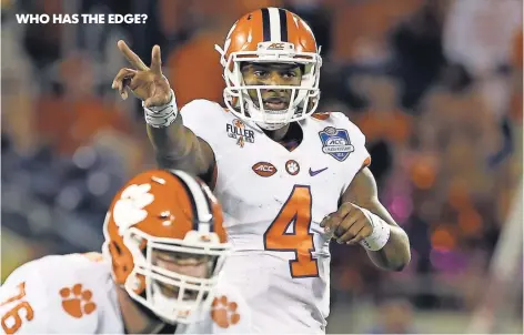  ?? KIM KLEMENT, USA TODAY SPORTS ?? WHO HAS THE EDGE?
Deshaun Watson was a Heisman Trophy finalist for the second year in a row. But he had an issue with intercepti­ons again.