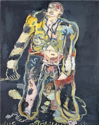  ??  ?? Ein Rebell, dem alle Kraft aus den Gliedern gefahren ist: Georg Baselitz’ Gemäldeser­ie „Helden“– dieses stammt aus dem Jahr 1965 – bricht das idealisier­te deutsche Heldenbild der Kriegsjahr­e auf.