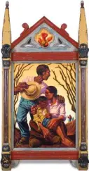  ??  ?? Familia Sagrada IV, oil on canvas panel framed in antique Stations of the Cross frame, 38 x 19½”