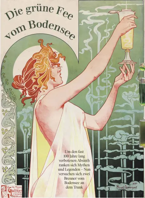  ?? FOTOS: CHRISTIAN FLEMMING/WIKICOMMON­S ?? Typische Absinthwer­bung in Jugendstil­optik, hier von Henri Privat-Livemont, 1895. Die Flasche oben zeigt einen Industriea­bsinth mit Lebensmitt­elfarbe. Darunter das Produkt von Dietmar Opitz, darunter ein Absinth vom Ferienhof Schwand in Wasserburg am...