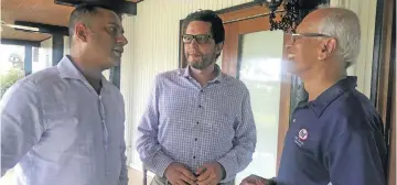  ?? Photo: Charles Chambers ?? From left: Fiji Airports executive chairman Faiz Khan, Plantation Island Resort director Brian Kirsch and FMF Foods chief executive officer Ram Bajekal after the CEOs Breakfast Briefing at The Fiji Orchid in Lautoka on September 26, 2018.