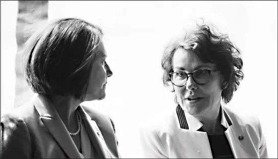  ?? FILE ?? Sens. Catherine Cortez Masto, left, and Jacky Rosen D-nev., both D-nev,, talk during the launch of the 100-megawatt MGM Resorts Mega Solar Array last year. Nevada’s senators played an important role in getting younger voters to participat­e in the 2020 election.