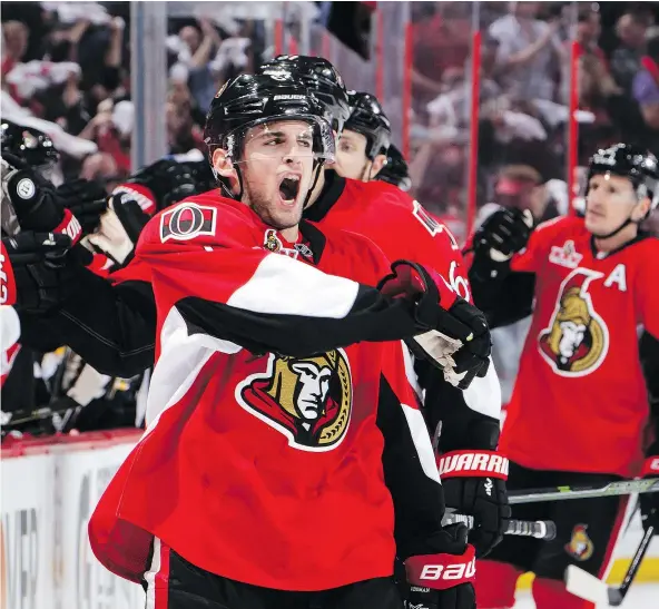  ?? — GETTY IMAGES FILES ?? Chris Wideman of the Ottawa Senators celebrates his goal against the Boston Bruins in Saturday’s Game 2 of their playoff series in Ottawa. The Sens spotted the Bruins a 3-1 lead before roaring back to post a 4-3 win in overtime.