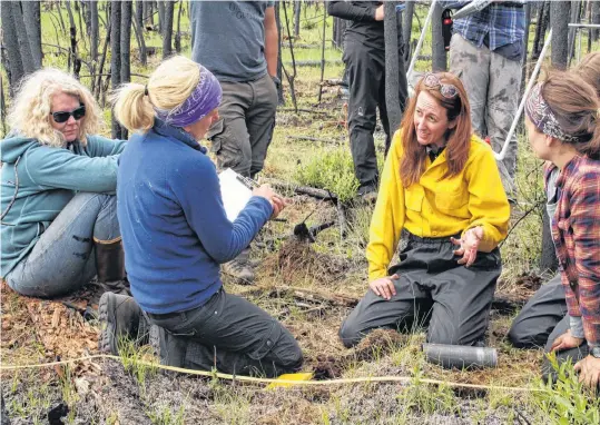  ?? JILL JOHNSTONE POSTMEDIA NEWS ?? Researcher­s Michelle Mack (left) and Xanthe Walker of Northern Arizona University and Merritt Turetsky of Guelph University taking soil samples in the Northwest Territorie­s in 2015. •