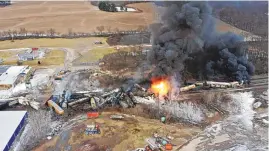  ?? GENE J. PUSKAR/ ASSOCIATED PRESS ?? A drone photo shows portions of a Norfolk and Southern freight train that derailed Friday night in East Palestine, Ohio, with parts still on fire at midday Saturday.