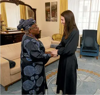  ?? ROBERT KITCHIN/STUFF ?? Prime Minister Jacinda Ardern meets with WTO director-general Dr Ngozi Okonjo-Iweala in the Speaker’s lounge at Parliament. Ardern promised New Zealand’s support for the WTO.