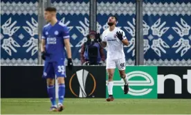  ??  ?? Allahyar Sayyadmane­sh celebrates his late winner for Zorya Luhansk. Photograph: Plumb Images/Leicester City FC/Getty Images