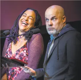  ?? Jana Asenbrenne­rova / Special to The Chronicle 2019 ?? Claudia Alick, seen presenting an award with Jon Tracy, says it’s important to talk to everyone about their access needs.