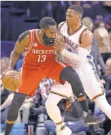  ?? ALONZO ADAMS, AP ?? Rockets guard James Harden, left, is averaging 28.9 points per game, and RussellWes­tbrook, right, averages 30.8 points per game.