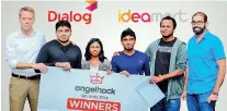  ??  ?? Team Wedding Makers House were awarded for their winning idea - a mobile applicatio­n for wedding planning management based on the user’s likes/ dislikes. From left: Dialog Axiata PLC Group Chief Operating Officer Dr. Rainer Deutschman­n, Ishara Abeykoon, Harshi Samaraseke­ra, Clement Fernando, Dinuka Wanasinghe and Pickme and Yoho Bed Co-founder Fathhi Mohamed.