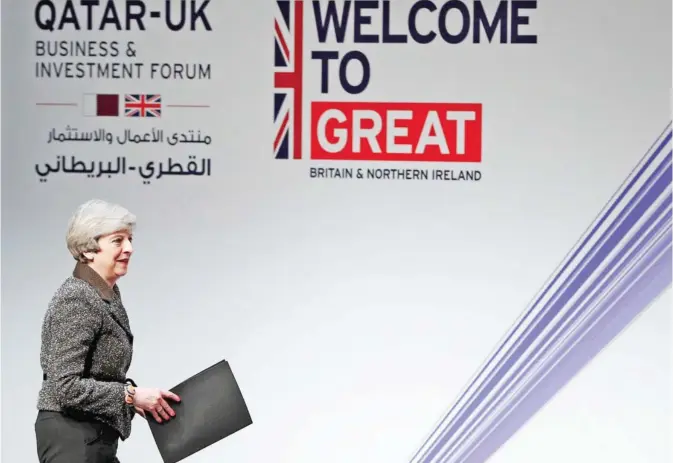  ??  ?? BIRMINGHAM: Britain’s Prime Minister Theresa May, during the Qatar-UK Business and Investment Forum in Birmingham yesterday. The energy-rich nation of Qatar says it plans to invest 5 billion pounds in the British economy within the next half decade. — AP