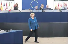 ??  ?? La canciller alemana, Angela Merkel, ayer a su llegada al Parlamento Europeo donde pronunció un discurso en defensa del multilater­alismo.