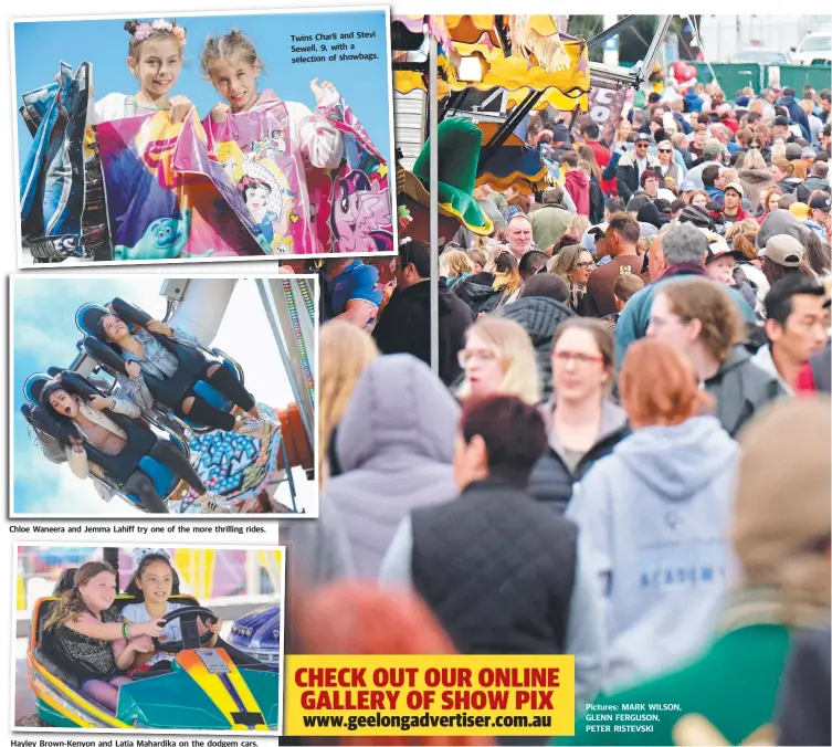  ??  ?? ChloeChl WaneeraW and dJ Jemma L Lahiff hiff try one of fh the more thrillingh illi rides.id Hayley Brown-Kenyon and Latia Mahardika on the dodgem cars. Twins Charli and Ste vi Sewell, 9, with a selection of sho wbags. Pictures: MARK WILSON, GLENN...