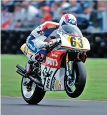  ??  ?? RIGHT: Terry Rymer on the Padgett’s Harris Yamaha YZR500 at the British Grand Prix in 1992. ‘Too Tall Tel’ came a highly creditable sixth